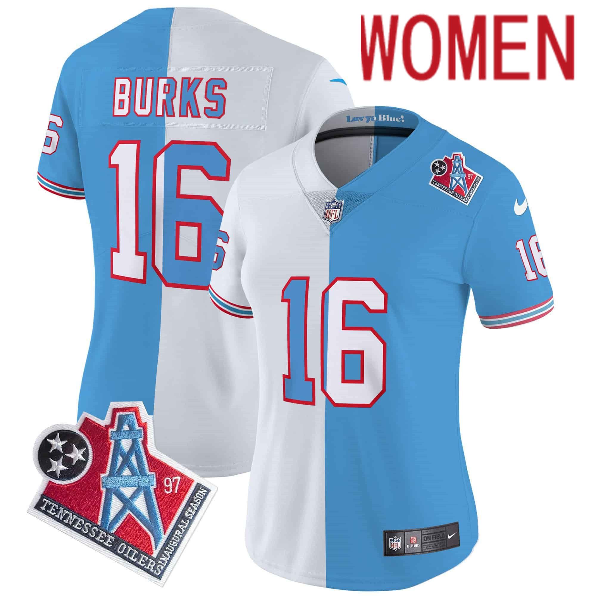Women Tennessee Titans #16 Burks Light Blue with white 1997 Throwback 2024 Nike Limited Vapor NFL Jersey->women nfl jersey->Women Jersey